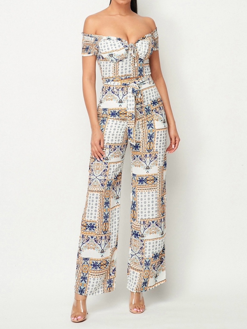 Off-Shoulder Printed Wide-Leg Jumpsuit in White, Blue & Tan
